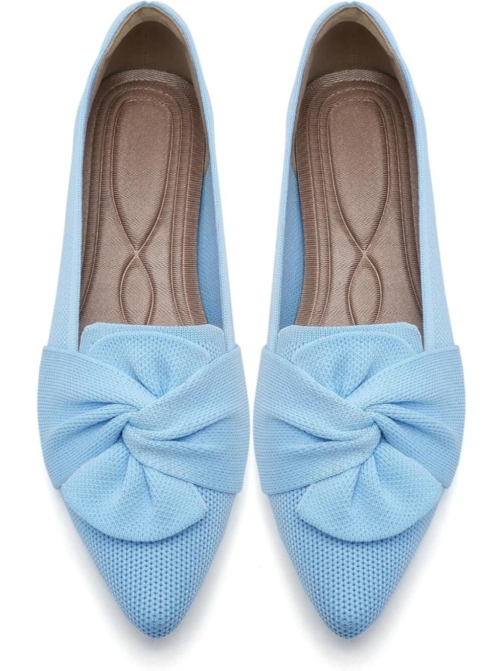 Women's Blue Pointed Toe Ballet With Bow Comfortable Knit Dressy Flats Shoes